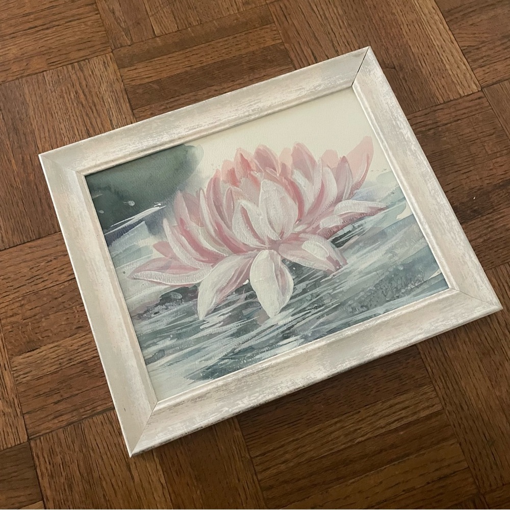 Framed original lotus flower painting, watercolor and acrylic